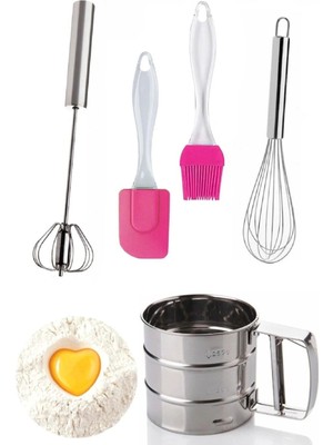 Mikasso Silikon Yağ Fırçası Silikon Spatula Tel Çırpıcı Un Eleği Kakao Eleme Çelik Basmalı Yumurta Çırpıcı S