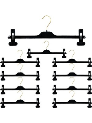 Mikasso 10'lu Elbise Askısı Siyah Gold Etek Askısı Mandallı Askılık Pantolon Askısı Altın Kanca Plastik Siy