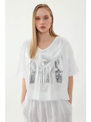 Vitrin Önü Çiçek Baskılı Kısa Kol Keten Bluz