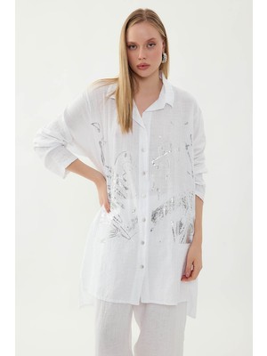 Vitrin Oversize Baskılı Keten Gömlek