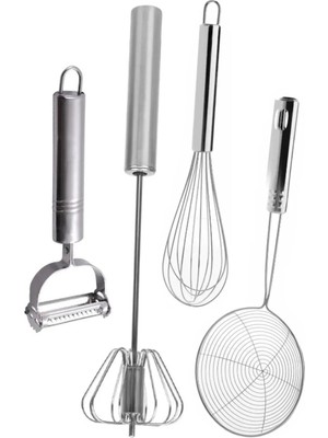 Mikasso Metal Yağ Kevgiri Bas Çek Çırpıcı Julyen Sebze Soyacağı Tel Çırpıcı Set Paslanmaz Çelik Metalik