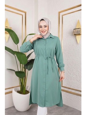 Foremia Kadın Yırtmaç Detaylı Kuşaklı Gömlek Yaka Boydan Düğmeli Uzıun Tesettür Tunik-Mint -