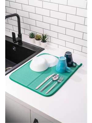 Mikasso Mikrotex Bulaşık Matı Süper Emici Bulaşık Kurutma Matı 45X36CM Tezgah Üstü Bulaşık Matı Yeşil Belirt
