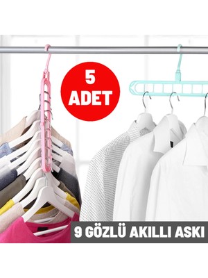 Mikasso ( 5 Adet ) Pratik Çok Fonksiyonlu 9 Gözlü Sihirli Akıllı Askı- 9 Bölmeli Oynar Başlıklı Askı Plastik