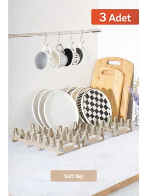 Mikasso 3 Adet 7 Bölmeli Dolap Içi Tencere Kapak ve Tabak Düzenleyici, Kurutmalık, Organizer Plastik Bej