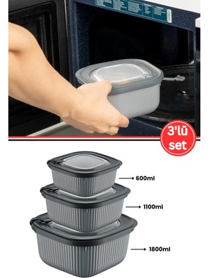 Mikasso Mikrodalga Saklama Kabı 3’lü Set, Buzluk Buzdolabı Mikrodalga Uygun Kapaklı Set (600-1100-1800ML) Pl
