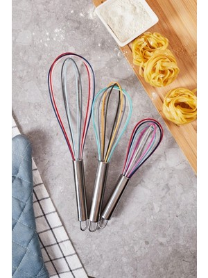 Mikasso Mundo Silikon 3'lü Çırpma Teli 35-25-21 Cm-3 Boy Metal Çırpıcı Seti Paslanmaz Sap Metal