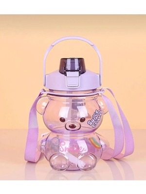 Mikasso Smile Ayıcık Model Su Matarası Su Şişesi Suluk 1000ML Bpa Içermez Suluk 3D Sticker Hediye Mor Plasti