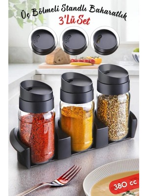 Mikasso Stantlı Döner Kapak Garda Baharatlık Takımı - Üç Kademeli 3'lü Set 380 cc Cam