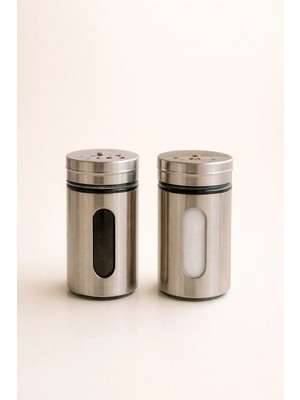 Mikasso 2’li Paslanmaz Çelik Tuzluk Baharatlık Seti Cam Pencereli Metal Tuzluk – 10 cm Çelik Gümüş