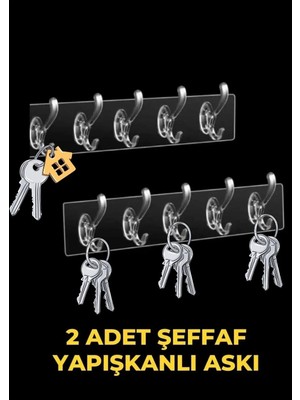 Mikasso Şeffaf Askı, Yapışkanlı Askı, Mutfak Askısı, Banyo Askısı,2 Adet Yapışkanlı Anahtar Askısı Plastik Ş