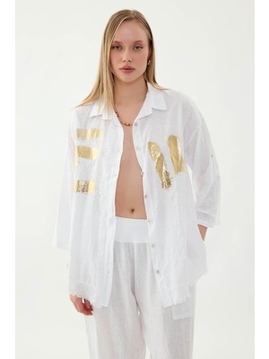 Vitrin Sedef Düğmeli Baskılı Oversize Keten Gömlek