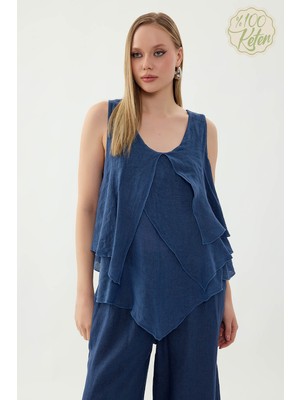 Vitrin %100 Keten Sıfır Kol Dökümlü Bluz