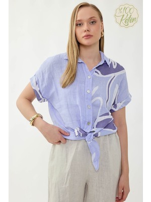 Vitrin %100 Keten Önü Bağlamalı Tek Tarafı Çiçek Desen Kısa Kol Gömlek