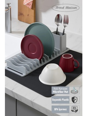 Mikasso Su Emici Matlı Tezgah Üstü Büyük Boy 3 Parça Bulaşıklık Seti Tabaklık Kurutma Matı Gri Plastik Gri