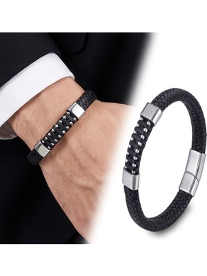 Fm 💎 Premium Deri Çelik Damla Zincir Dolama Bileklik – Siyah 31834B1D7  -  20 cm