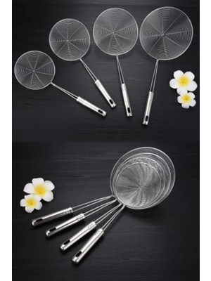 Mikasso Çelik Kevgir Süzgeç Metal Saplı Kabak Sebze Patates Kızartma Yağ Süzgeci Tel Kepçe 4lü Servis Seti P