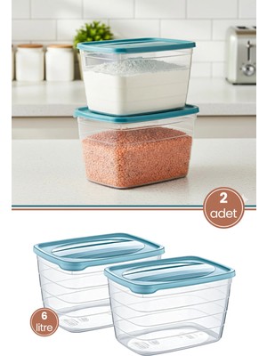Mikasso 2 Adet 6 Litre Un Şeker Bakliyat Erzak Gıda Saklama Kabı, Toz ve Tablet Deterjan Kutusu 2'li Set Pla