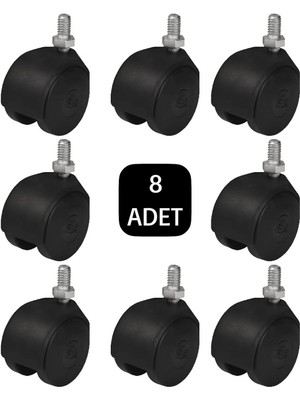 Mikasso Döner Vidalı Siyah 40'lık Küçük Plastik Dolap Sehpa Masa Mobilya Tekeri 8 Adet