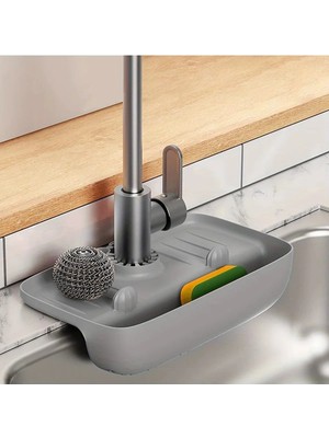Mikasso Musluk Düzenleyici Evyelik | Mutfak Lavabo Tezgah Üzeri Bölmeli Organizer Silikon Gri