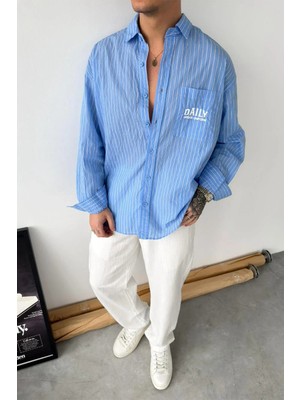 HAFKA Bebe Mavi Daily Nakışlı Çizgili Oversize Gömlek