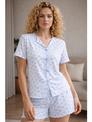 Nisanca Minimal Desenli Kısa Kollu Kadın Şortlu Pijama Takımı – Alaçatı Desenli Yazlık Kadın Pijama Takımı – Şortlu Ev Giyim