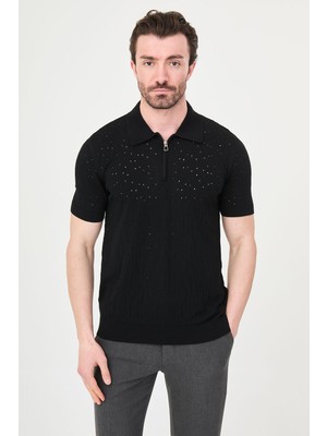 MCR Delik Desenli Slim Fit Polo Yaka Fermuarlı Erkek Triko T-Shirt