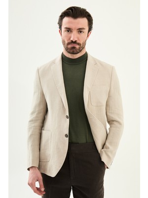 MCR Düz Slim Fit Mono Yaka Torba Cep %100 Keten Erkek Ceket