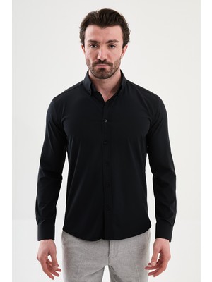 MCR Düz Slim Fit Dik Yakalı Uzun Kollu Erkek Gömlek