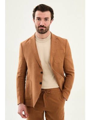 MCR Düz Slim Fit Mono Yaka Torba Cep %100 Keten Erkek Ceket