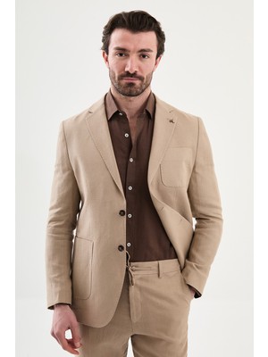 MCR Düz Slim Fit Mono Yaka Torba Cep %100 Keten Erkek Ceket