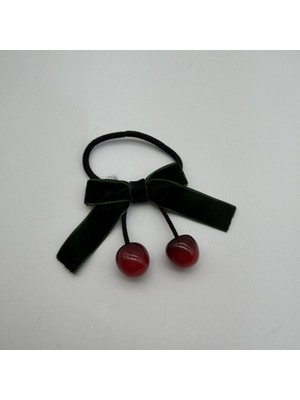 Mare Accessories Kiraz Detaylı Yeşil Kadife Fiyonk Saç Lastiği