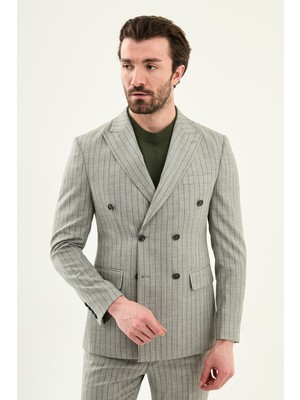 MCR Çizgili Slim Fit Geniş Yaka Kruvaze Erkek Ceket