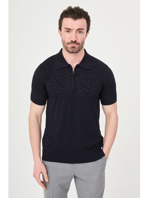 MCR Delik Desenli Slim Fit Polo Yaka Fermuarlı Erkek Triko T-Shirt