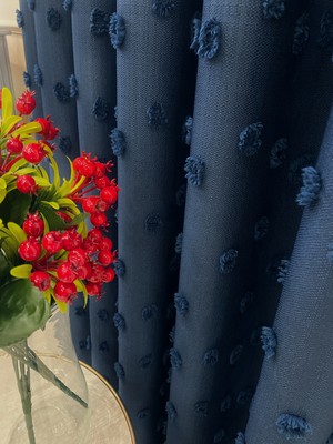 Brillant Lacivert Renk Ponponlu Pufy Fon Perde 1/3 Sık Pile