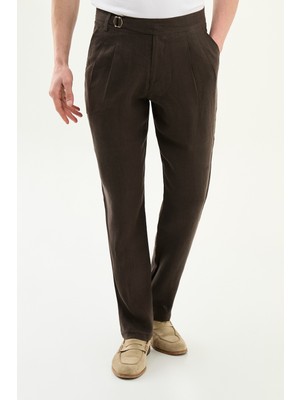 MCR Düz Slim Fit Pileli Kemer Tokalı %100 Keten Erkek Pantolon