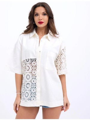 Hiccup Kadın Janes Dantel Detaylı, Cepli Düğmeli Bluz Beyaz