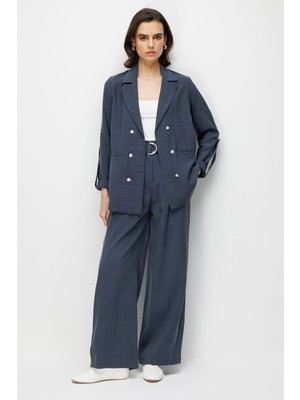 Mixray 4833 Kadın Blazer Ceket Palazzo Pantolon Ikili Takım Lacivert