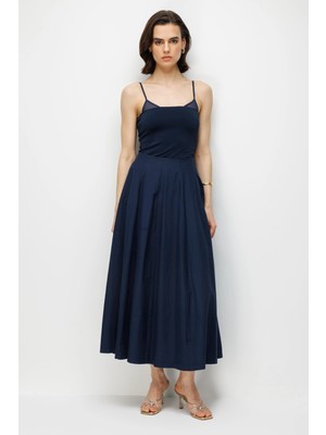 Mixray 4841 Kadın Pileli Lastikli Paraşüt Midi Etek Lacivert