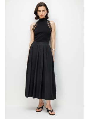 Mixray 4841 Kadın Pileli Lastikli Paraşüt Midi Etek Siyah