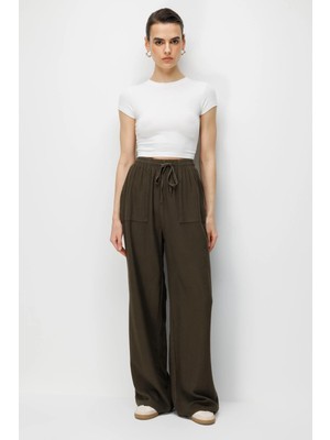 Mixray 4629 Kadın Bol Paça Yüksek Bel Viskon Palazzo Pantolon Antik Haki