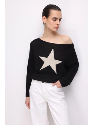 Mixray 7030 Kadın Kayık Yaka Mevsimlik Yıldızlı Tiriko Kazak Siyah