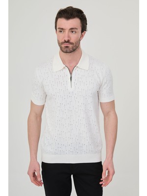 MCR Delik Desenli Slim Fit Polo Yaka Fermuarlı Erkek Triko T-Shirt