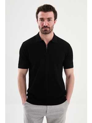 MCR Düz Slim Fit Polo Yaka Fermuarlı Erkek Triko T-Shirt