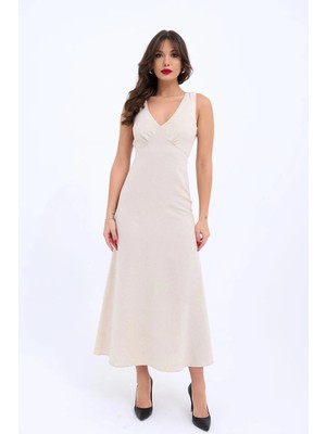 Hiccup Kadın JANES V Yaka Kolsuz Midi Elbise, Drapeli Detaylı Bej Doğal