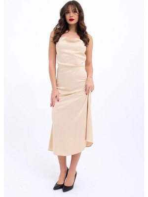 Hiccup Kadın JANES Askısız, Drape Detaylı Midi Elbise Bej Doğal