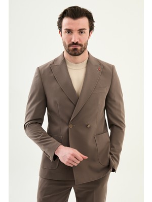 MCR Düz Slim Fit Geniş Yaka Kruvaze Pantolon Beli Lastikli Erkek Takım Elbise