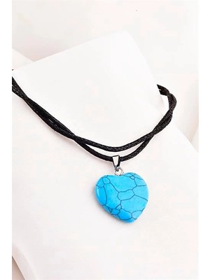 twingold Doğal Taşlı Kırmızı Kalp Tasarımlı Deri Ipli Unisex Kolye