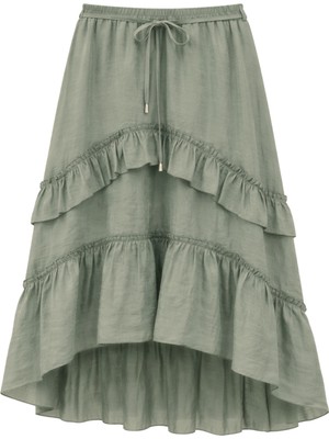 Mixray 4848 Kadın Volanlı Midi Etek Haki