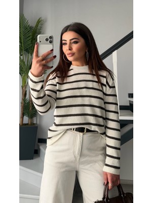 Elisin Ekru- Kahve Çizgili Merserize Bluz